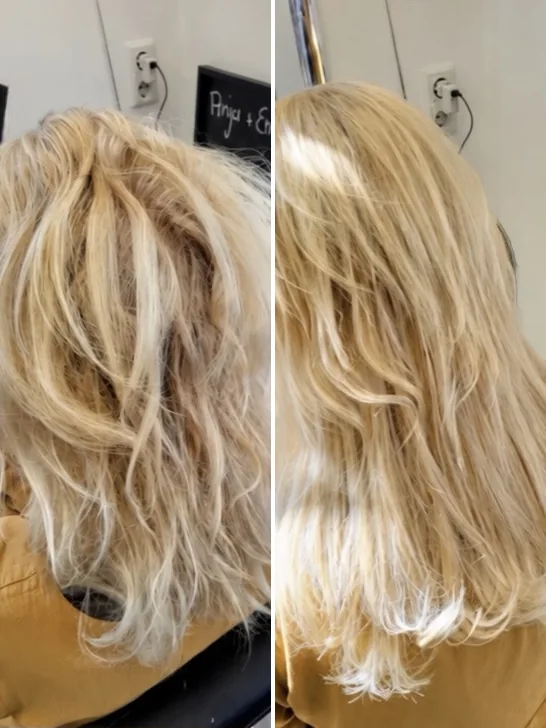 Blonde hair extensions before and after, seen from behind: thin, uneven ends on the left, longer and smoother layers on the right